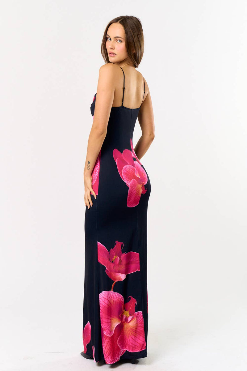 Floral Print Cowl Neck Maxi Dress