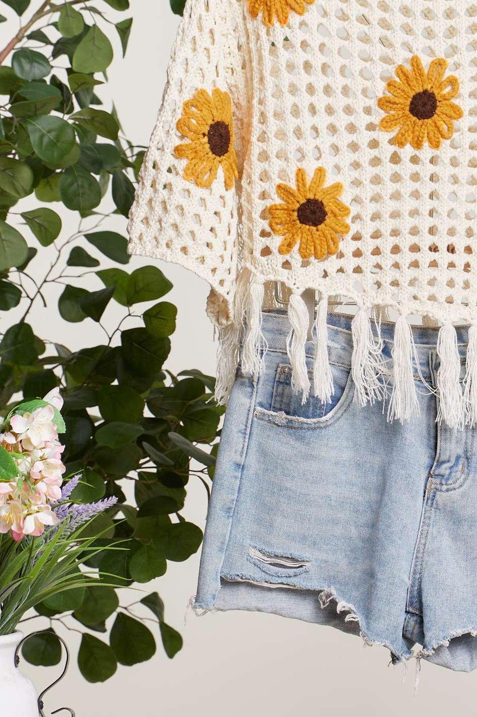 Boat Neck Fishnet SunFlower Top with Fringe Detail