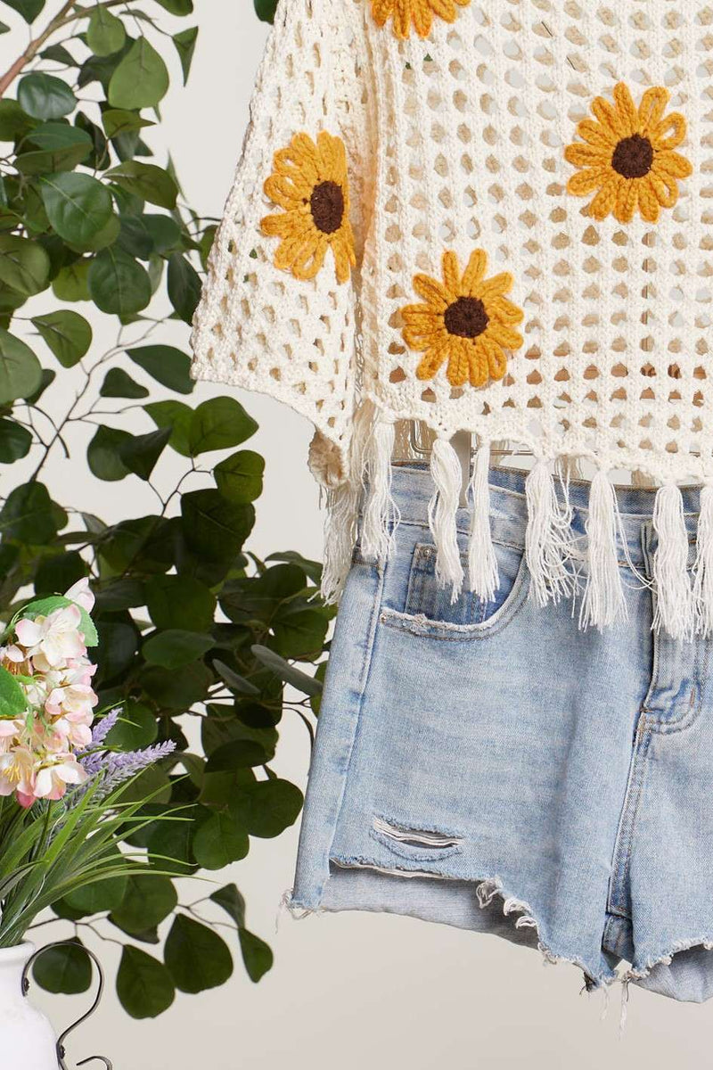 Boat Neck Fishnet SunFlower Top with Fringe Detail