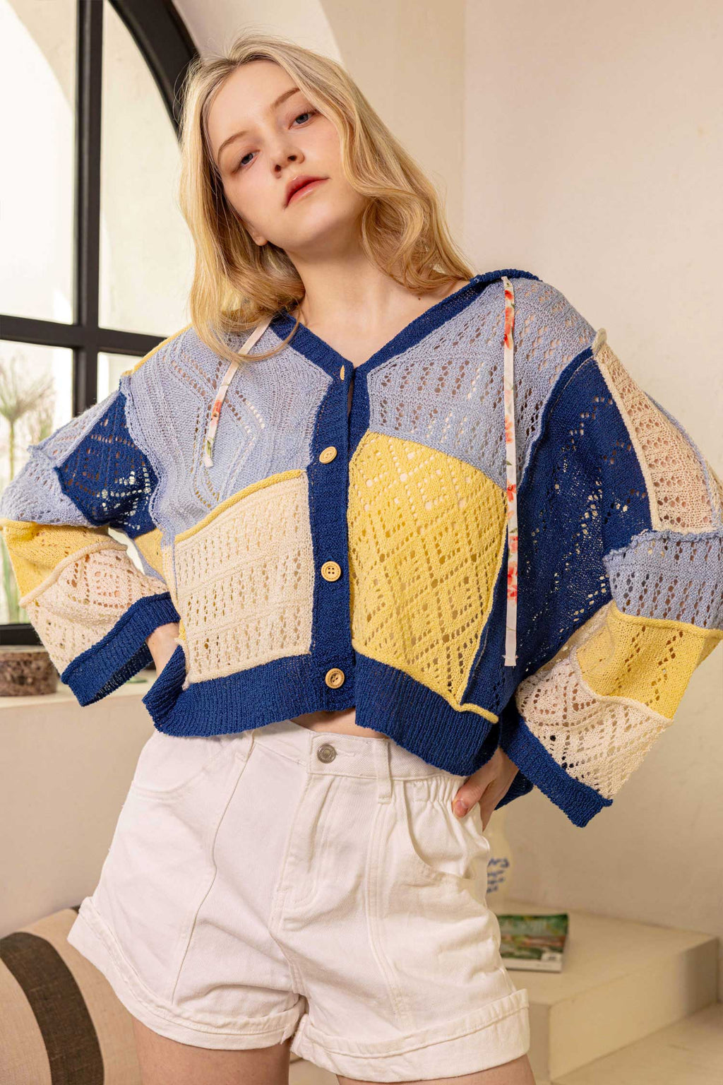 Patchwork Knit Hoodie Cardigan with Button Detail