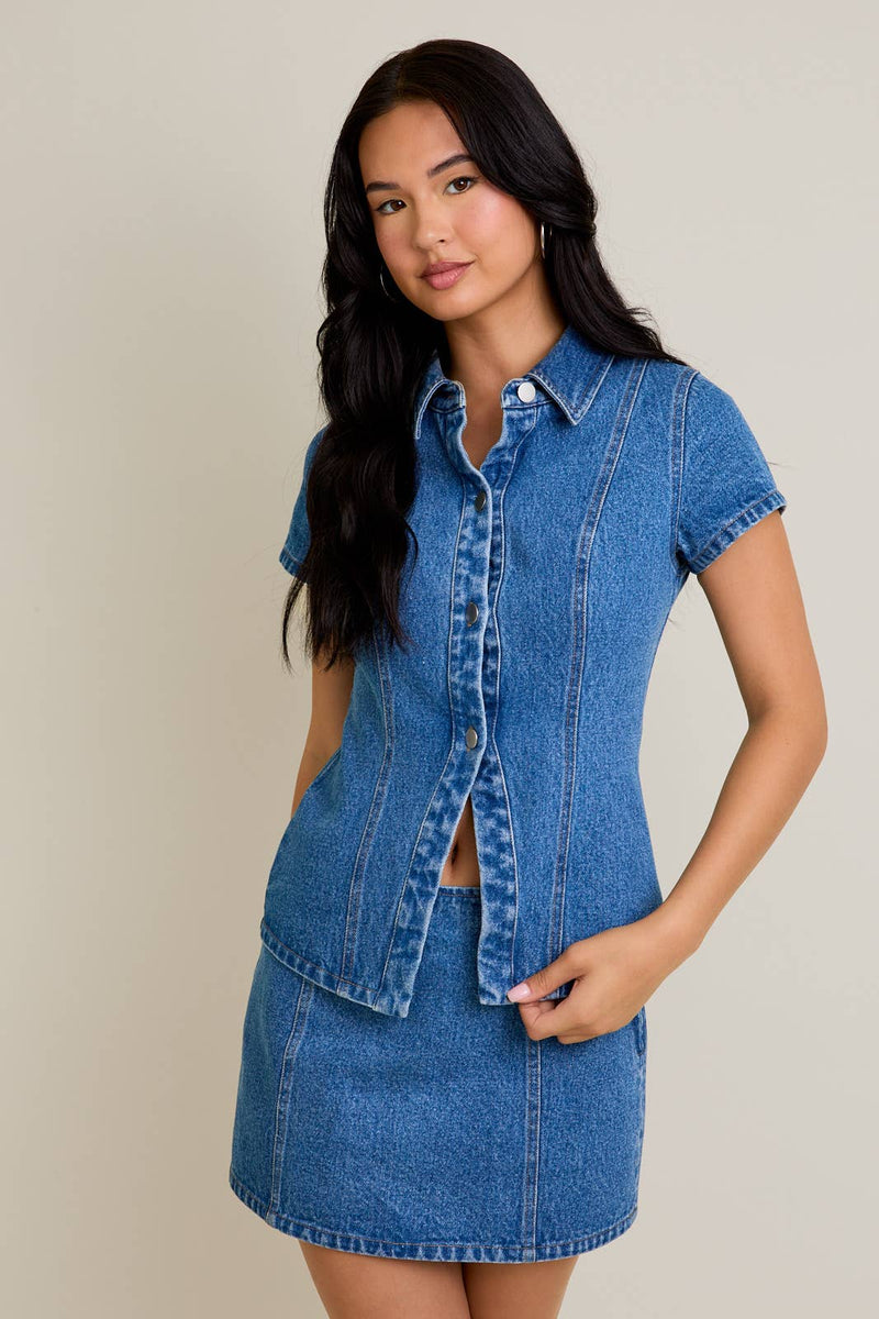 Short Sleeve Button Front Denim Top