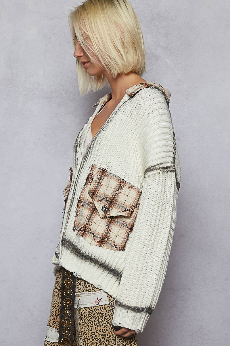 Long Sleeve Plaid Pockets Detail Sweater Cardigan