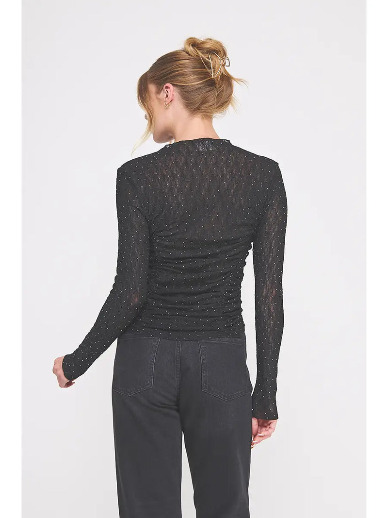 Black embellished lace long sleeve top with ruched fit – elegant women’s blouse from TandyWear, back view