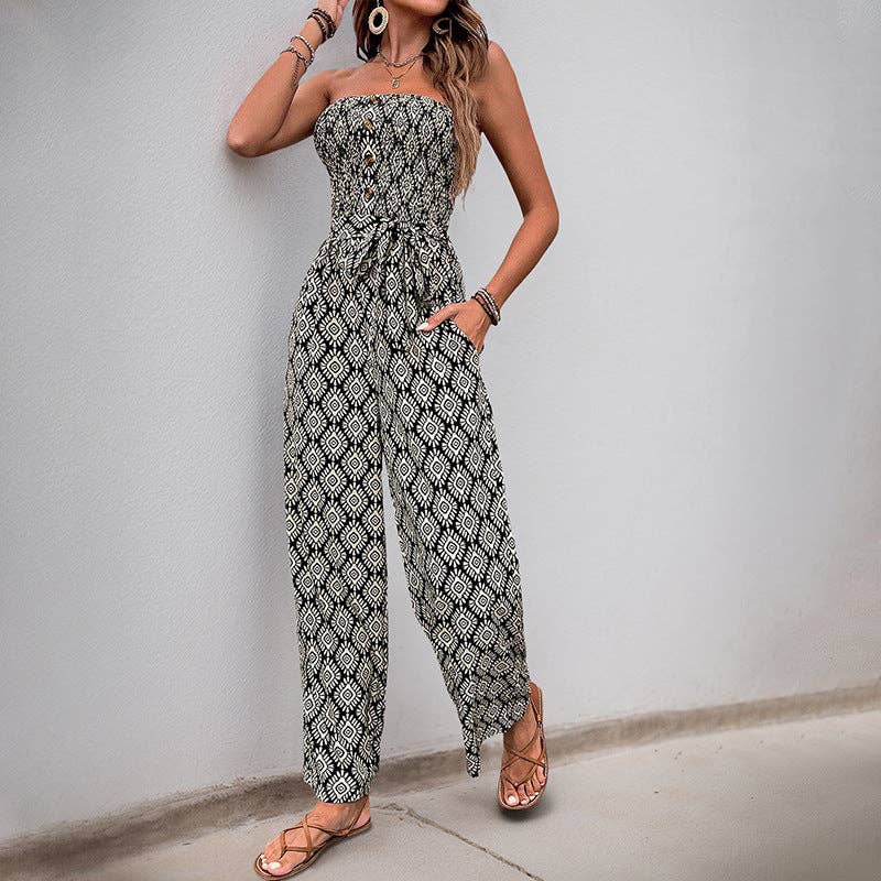 Women's Bohemian Print Smocked Strapless Jumpsuit