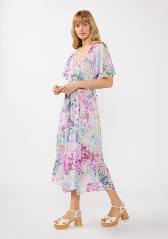 Watercolor Flower Short Sleeve Scarf Maxi Dress