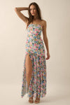 Floral Mesh Strapless Drop-Waist Maxi Dress