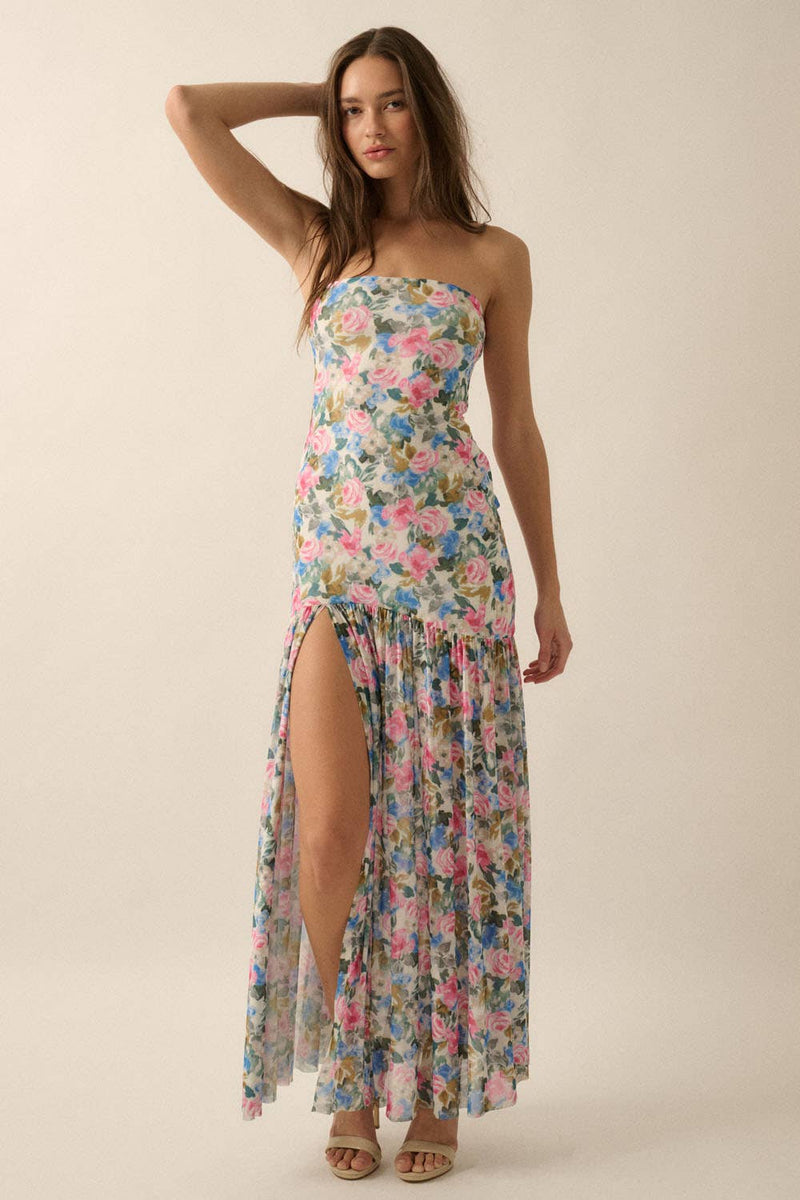 Floral Mesh Strapless Drop-Waist Maxi Dress