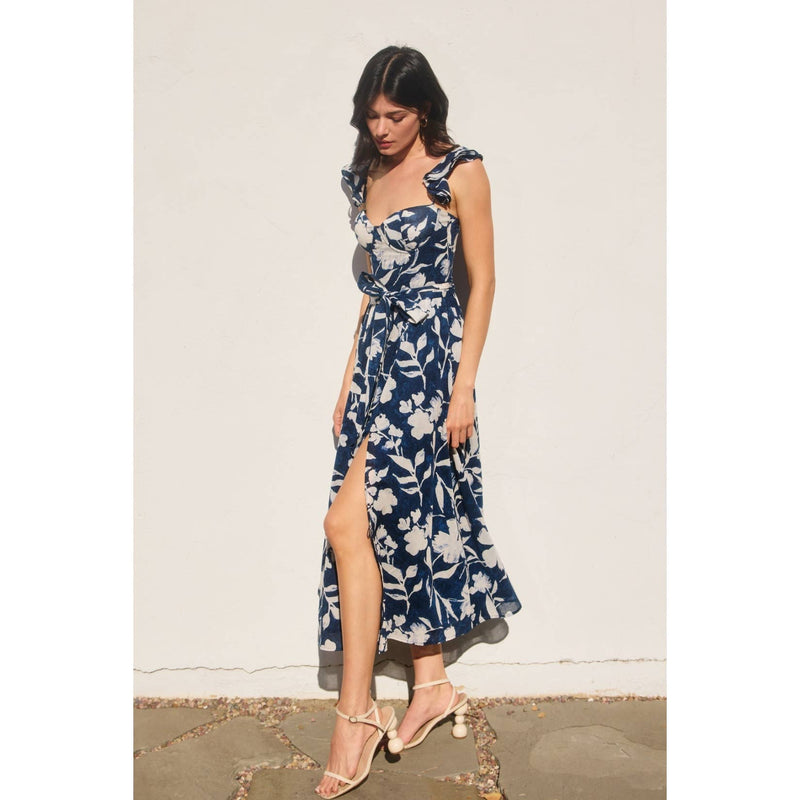 Indigo Mood Corset Flutter Sleeve Midi Dress