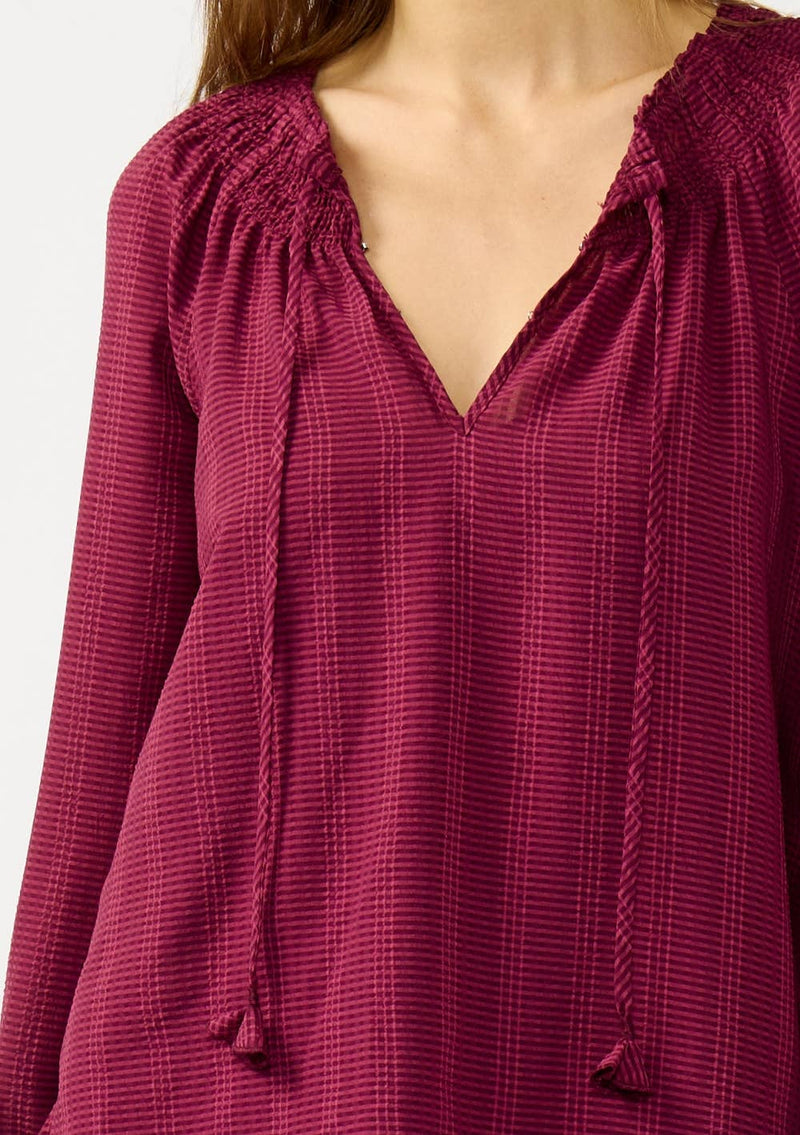 Long Sleeve Smocked Neck Blouse with Spaghetti Tie