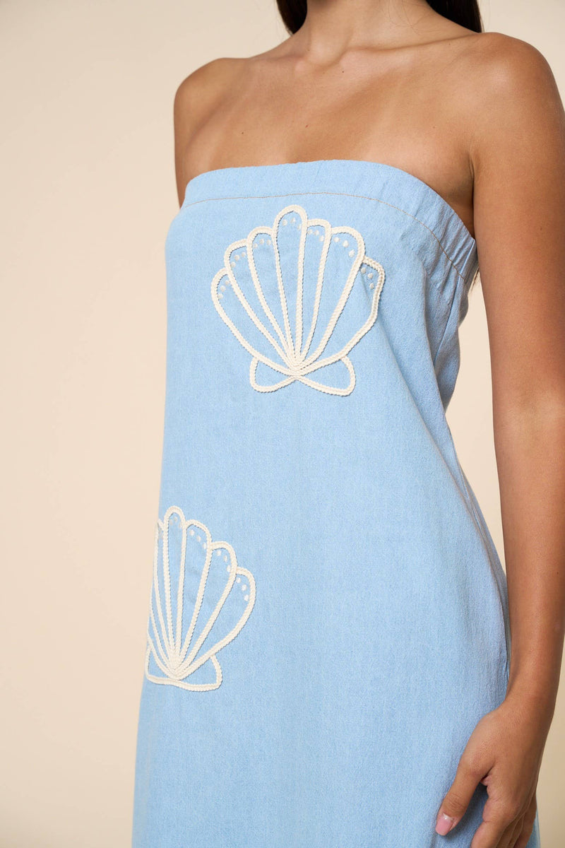 LT Denim Seashell Embroidered Strapless Tube Maxi Dress | Coastal Dress ...