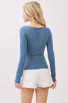 Long sleeve double layer top in a soft blue hue with a square neck, perfect for stylish layering in Long Island boutique fashion.