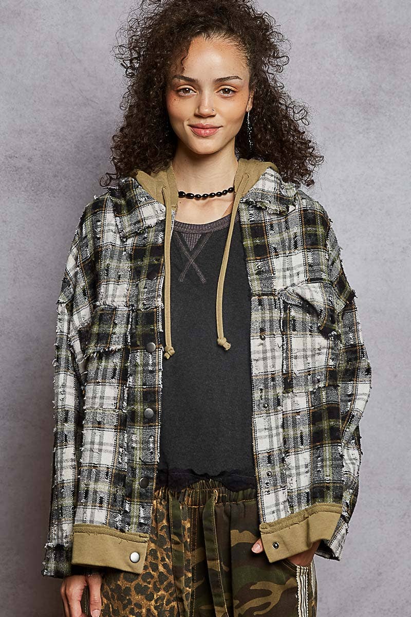 Women’s oversized hooded plaid shacket in olive and black — cotton button-down jacket with raw-edge detail, cozy fall outerwear by TandyWear Boutique Commack NY. front view