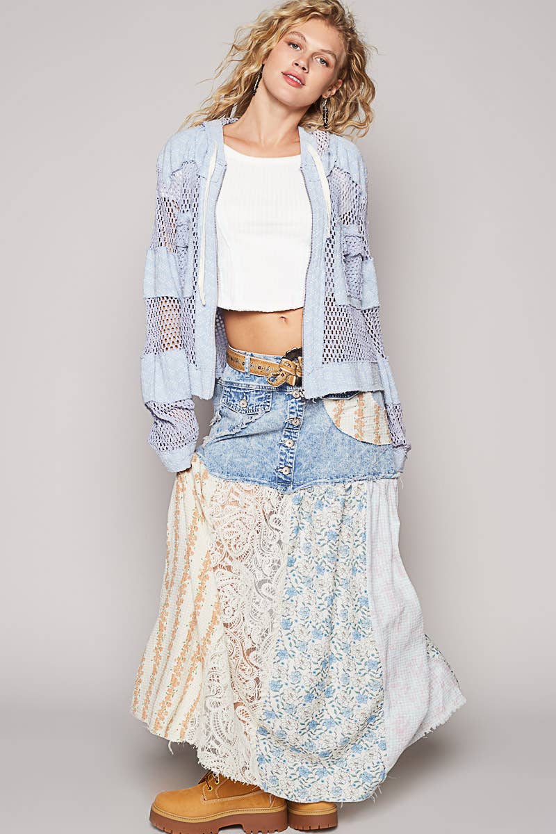 Balloon Sleeve Front Pockets Zipper Front Hoodie Top