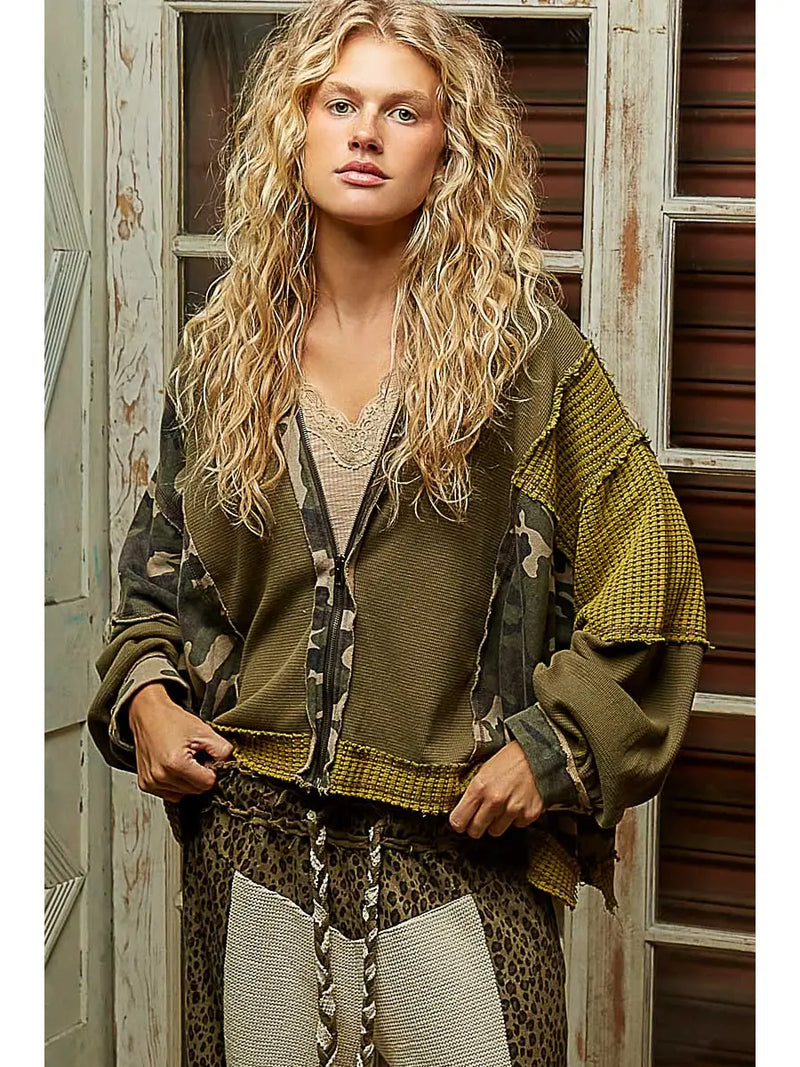 Solid Pattern Printed Stitch Detail Thermal Knit Hoodie Top