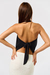 Black cowl bodysuit with a stylish open back and tying detail, perfect for chic Long Island boutique fashion looks.