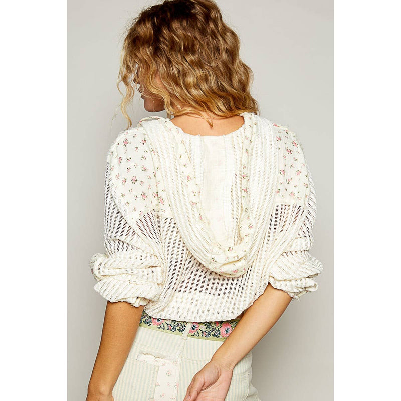 Vintage Washed Floral Print Patch Crochet Jacket