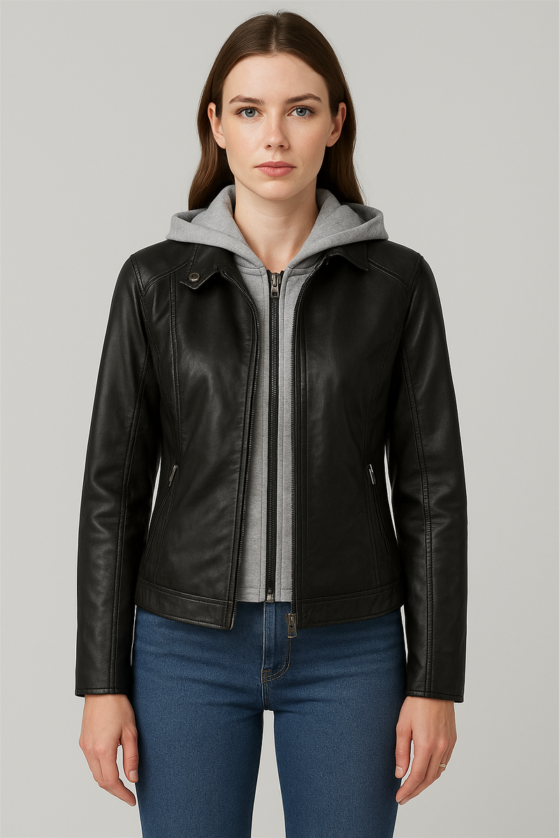 Hooded Faux Leather Moto Jacket | Removable Hood