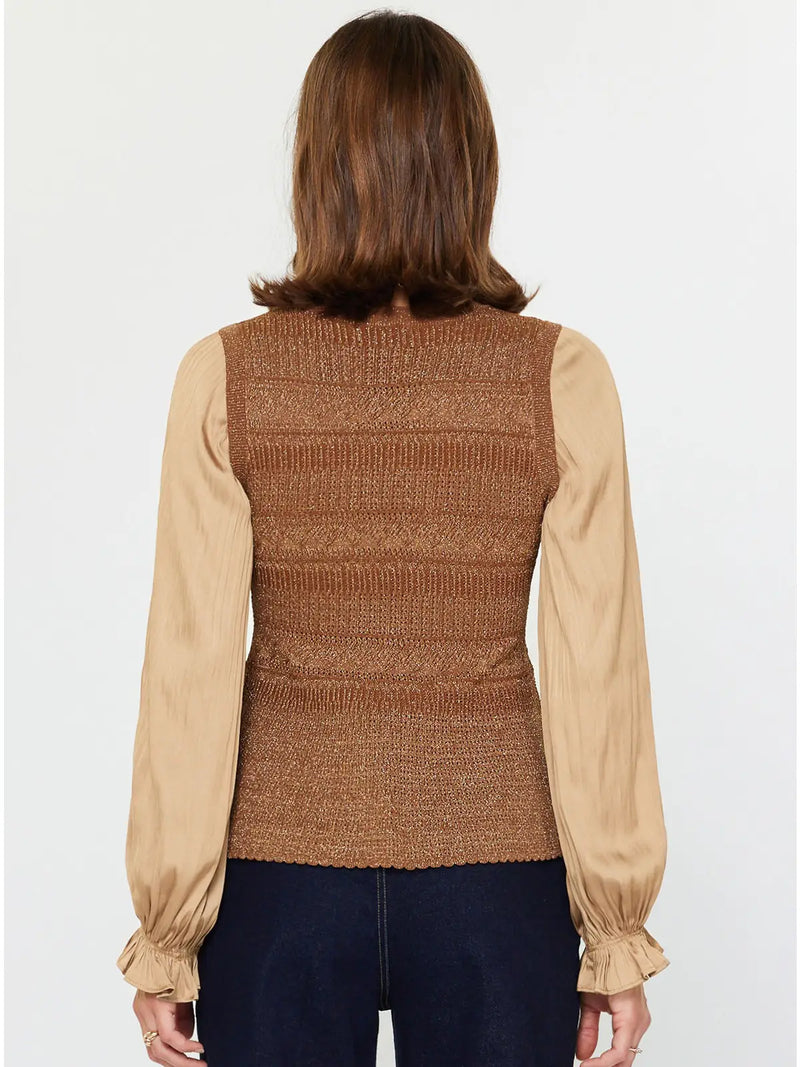 Elegant gold peplum knit top with woven sleeves – Commack NY boutique