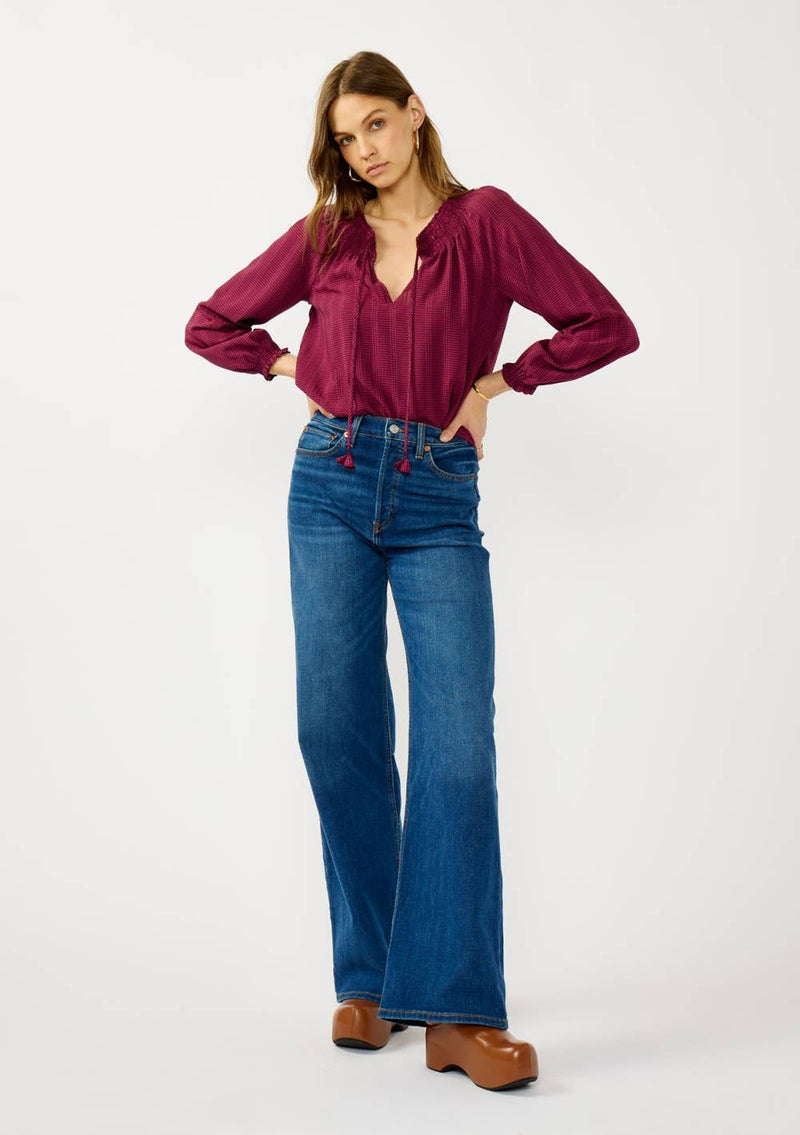 Long Sleeve Smocked Neck Blouse with Spaghetti Tie