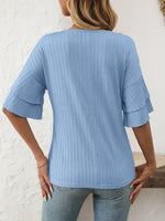 Solid V-Neck Ruffle Sleeve Short-Sleeve Top
