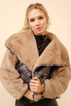 Cozy brown fur contrast bandanna double-breasted crop jacket featuring a stylish oversized collar, perfect for chic Long Island boutique fashion.