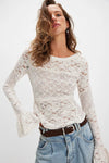 Long sleeve lace top in creamy white with delicate floral patterns, perfect for layering in a stylish Long Island boutique fashion setting.