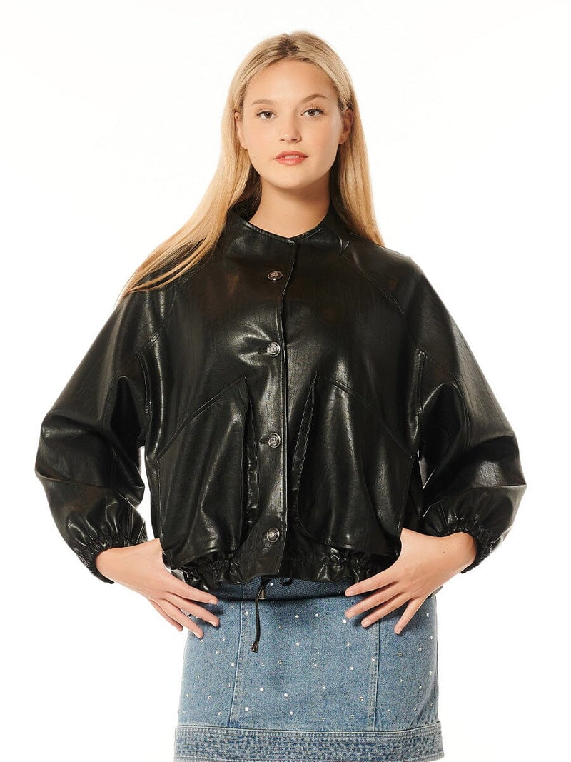 Boxy black pleather button-down jacket with a drawstring hem and oversized sleeves, perfect for stylish Long Island boutique fashion.