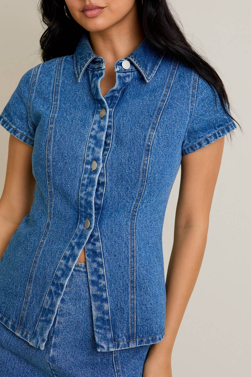 Short Sleeve Button Front Denim Top