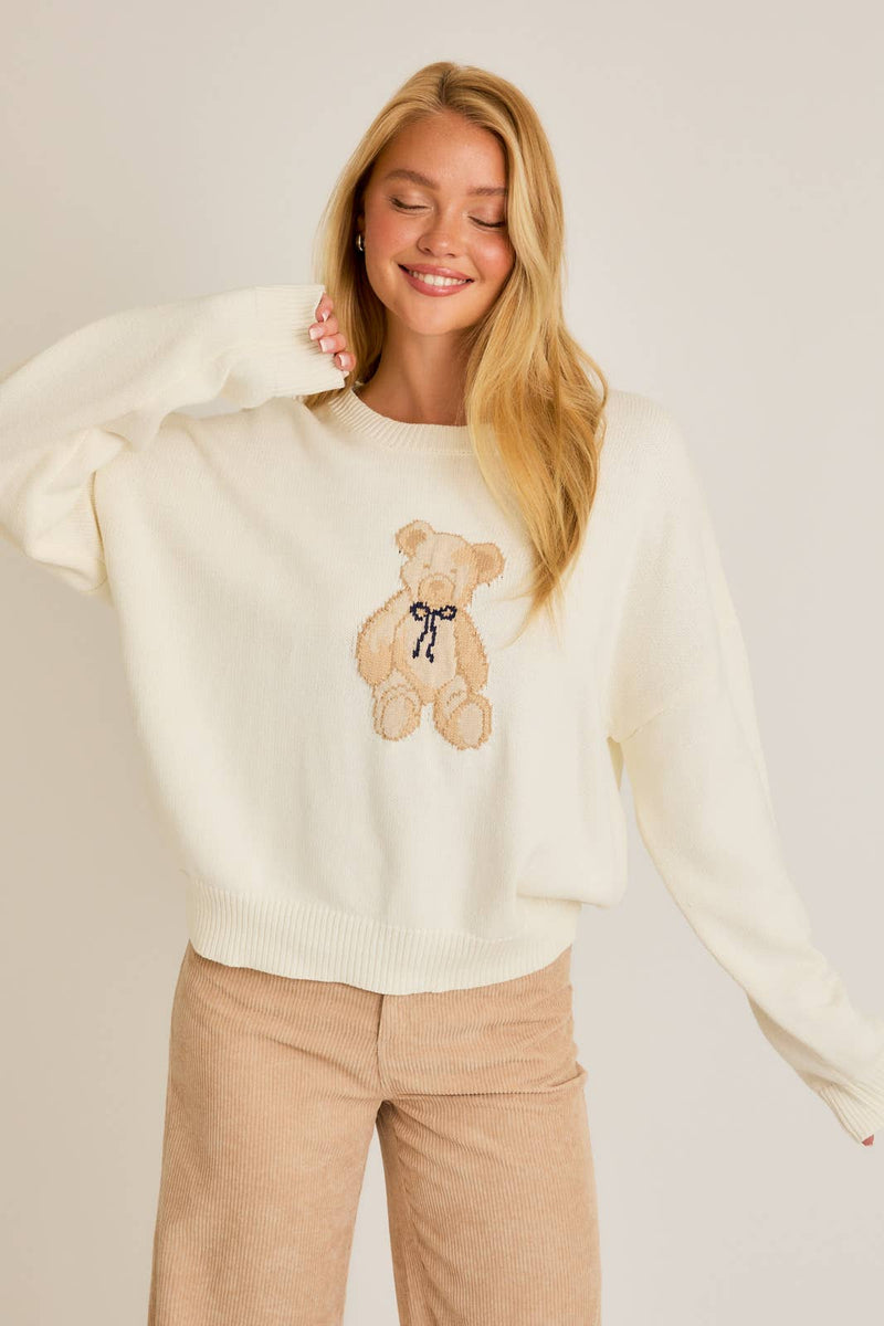 Long Sleeve Crew Neck Teddy Bear Sweater