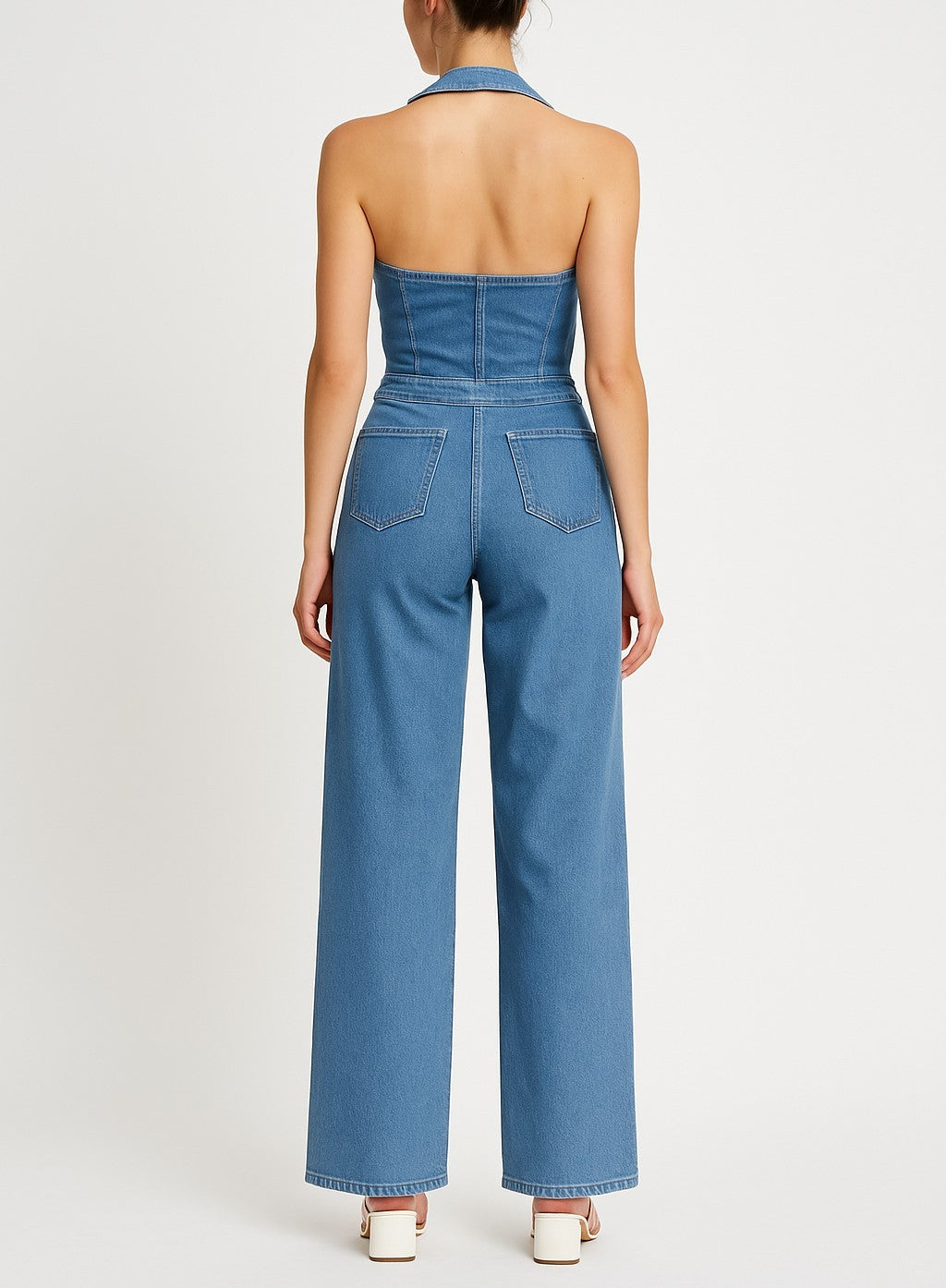 Halter Denim Zip Up Wide Leg Jumpsuit