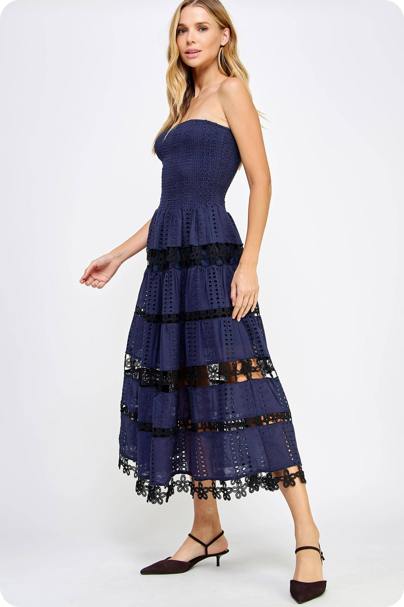 Color Block Smocked Eyelet Tube Midi Dress