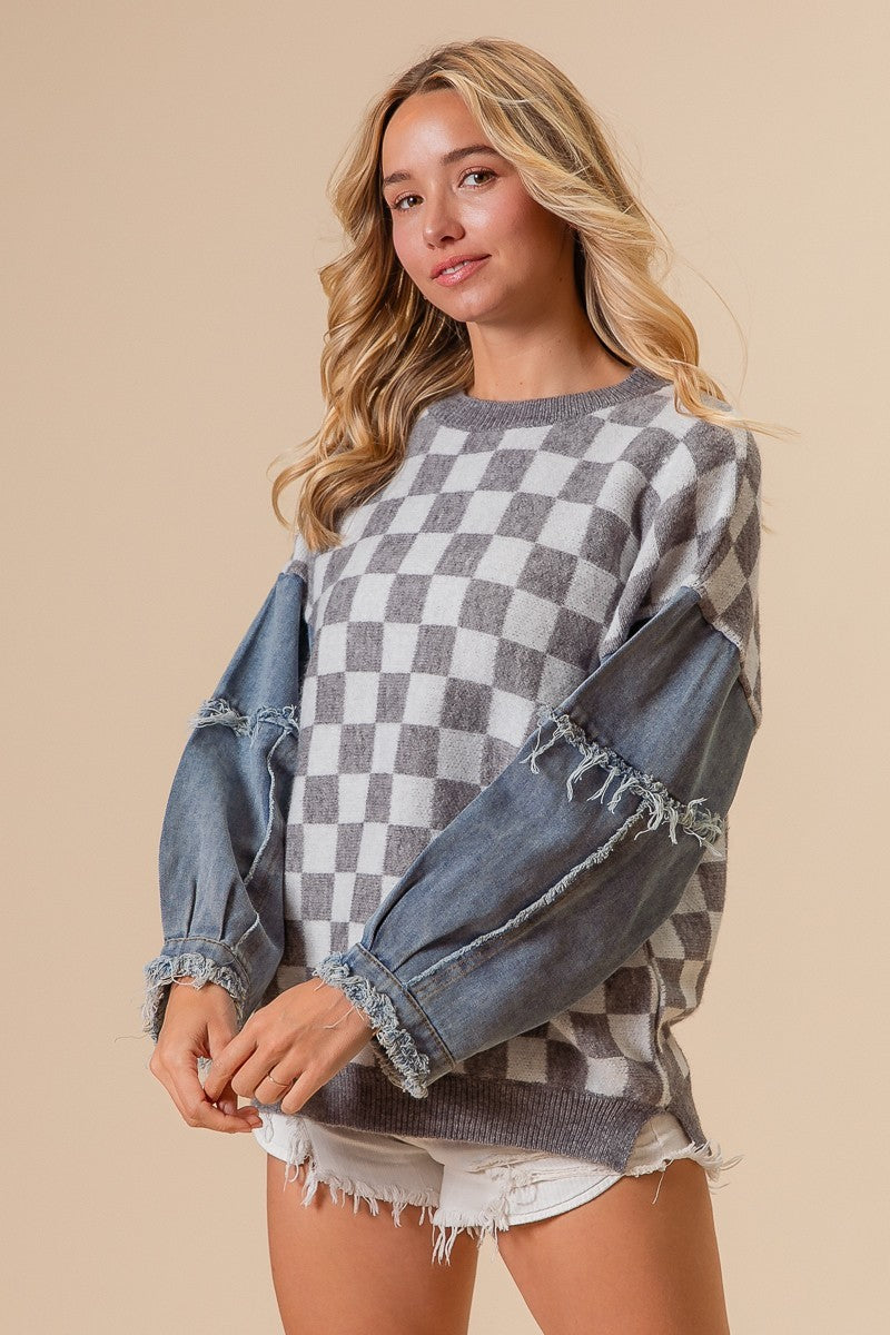 Washed Denim Sleeve Checker Sweater