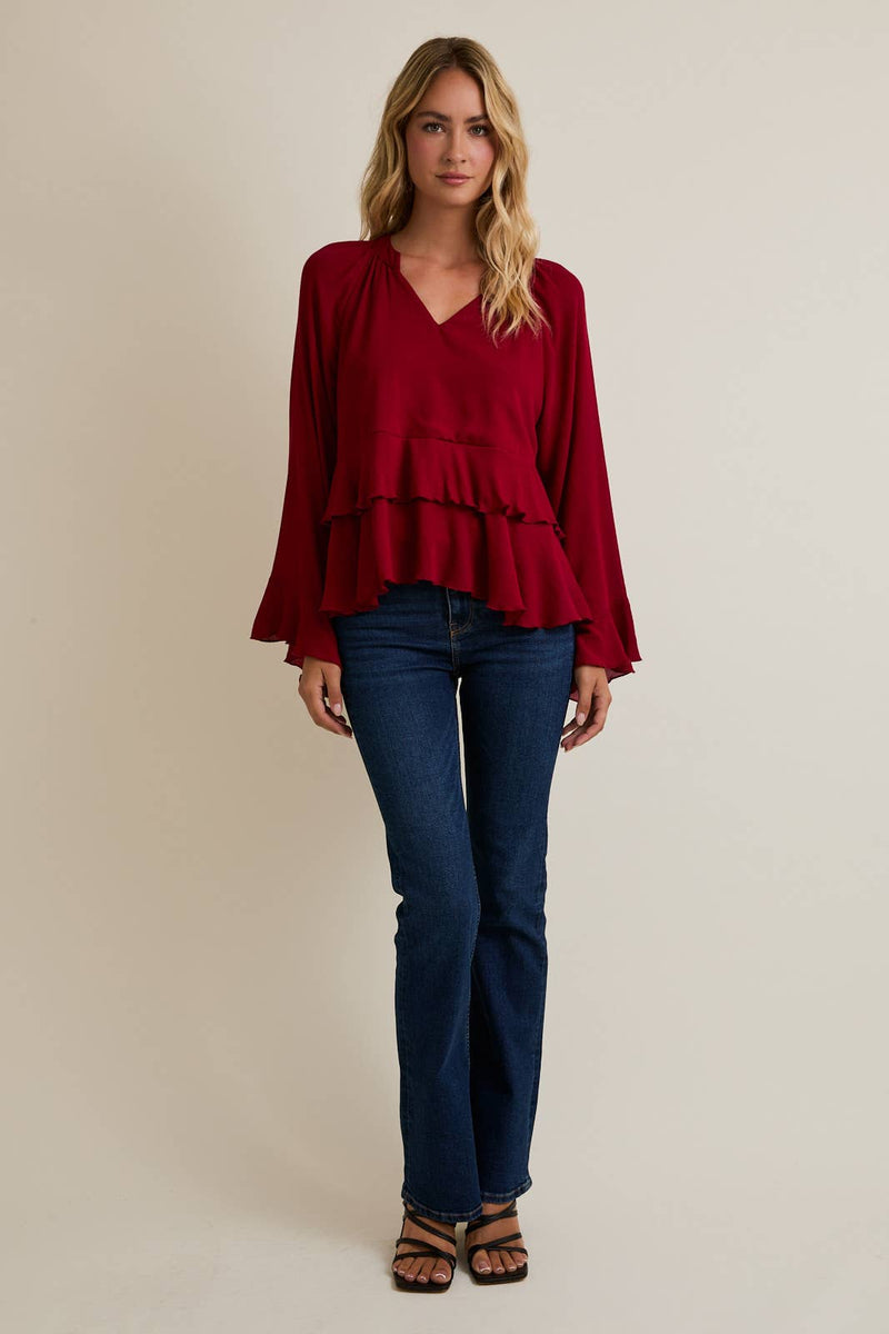 Notch Neck Long Sleeve Ruffle Hem Top