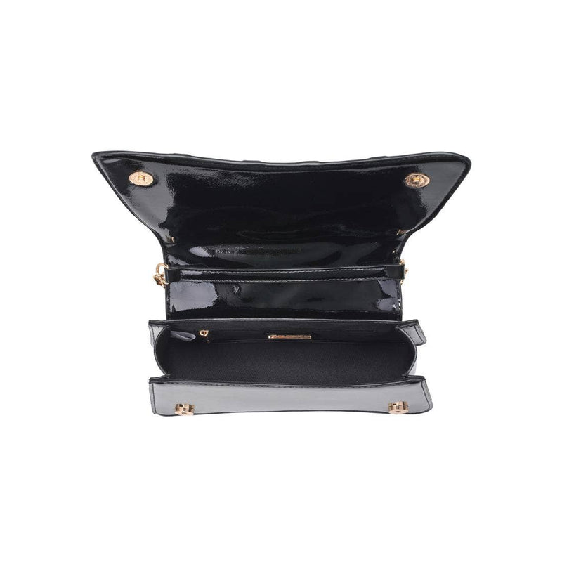 Sleek black Erie Shoulder Bag with a shiny patent finish, featuring a spacious interior and elegant gold-tone hardware, perfect for Long Island boutique fashion.