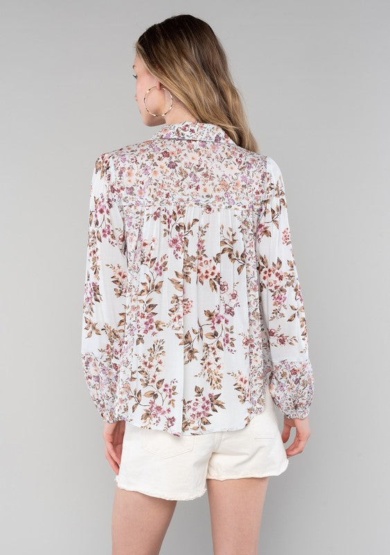 Mixed Challis Print Multi Seam Button Front Blouse