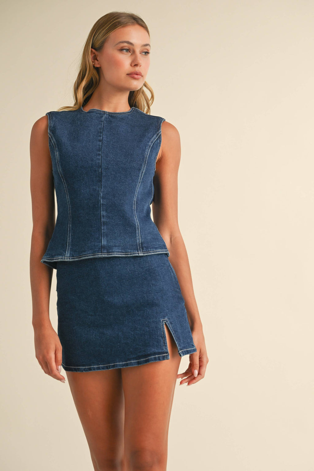 Denim Open Back Top w Bow Detail & Mini Skirt