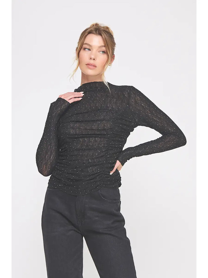 Black embellished lace long sleeve top with ruched fit – elegant women’s blouse from TandyWear