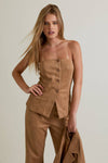 Tan suede tube blazer top featuring a button front and tailored fit, perfect for chic Long Island boutique fashion looks.