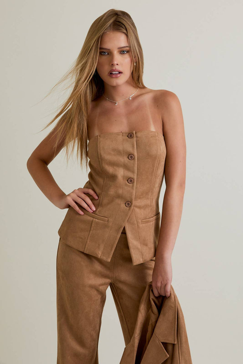 Tan suede tube blazer top featuring a button front and tailored fit, perfect for chic Long Island boutique fashion looks.