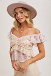 Floral Print Ruffle Lace Trimmed Sweetheart Neck Top