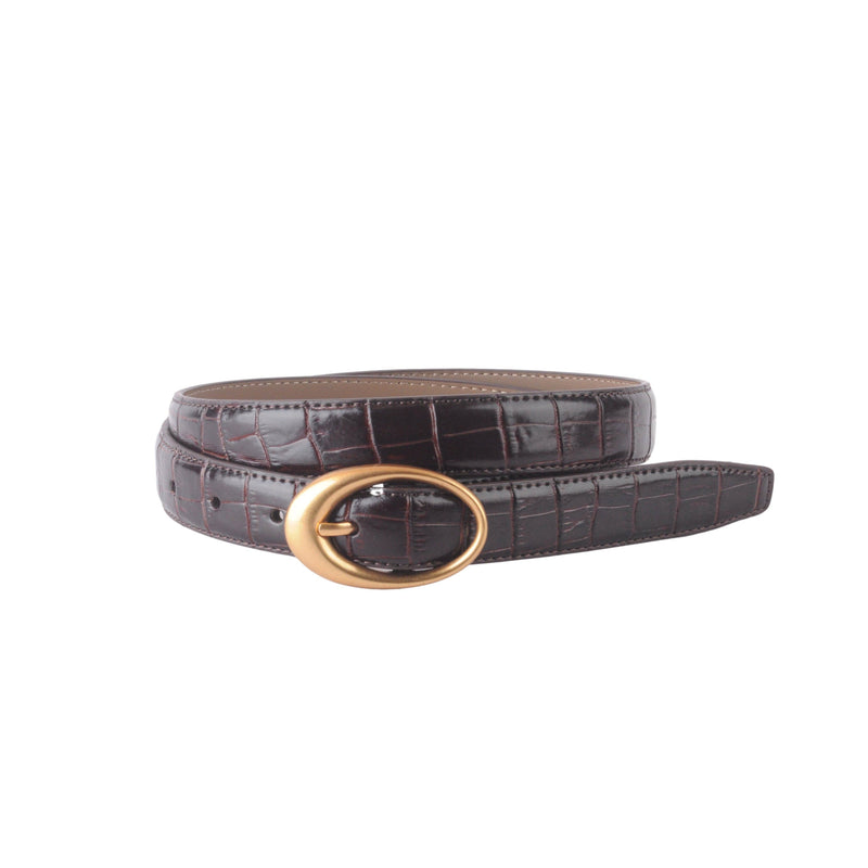 Elegant brown leather belt featuring a subtle croco pattern and a chic oval gold buckle, perfect for Long Island boutique fashion.