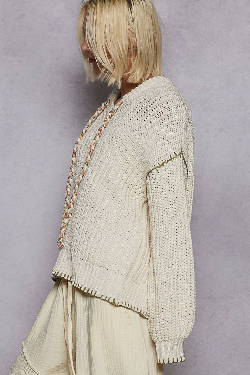 V-neck Solid Stitch Point Hoodie Chenille Sweater Top