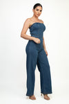 Strapless elastic tube wide-leg denim jumpsuit in a deep blue hue, perfect for chic Long Island boutique fashion.