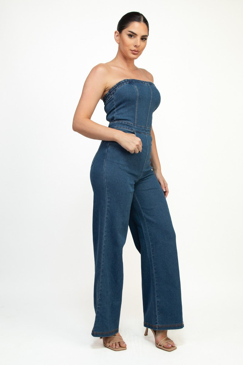 Strapless elastic tube wide-leg denim jumpsuit in a deep blue hue, perfect for chic Long Island boutique fashion.