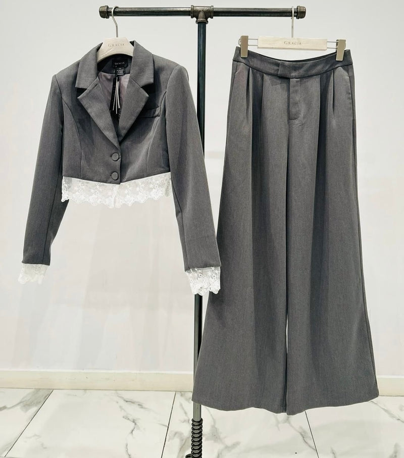 Cropped grey blazer with lace detail and matching wide-leg trouser pant, ideal for chic Long Island boutique fashion looks.