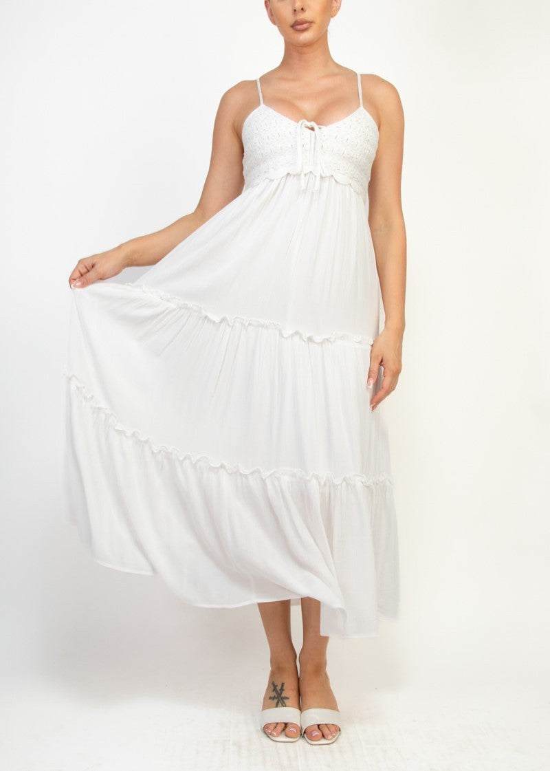 Crocheted Front Tie Tiered Maxi Dress