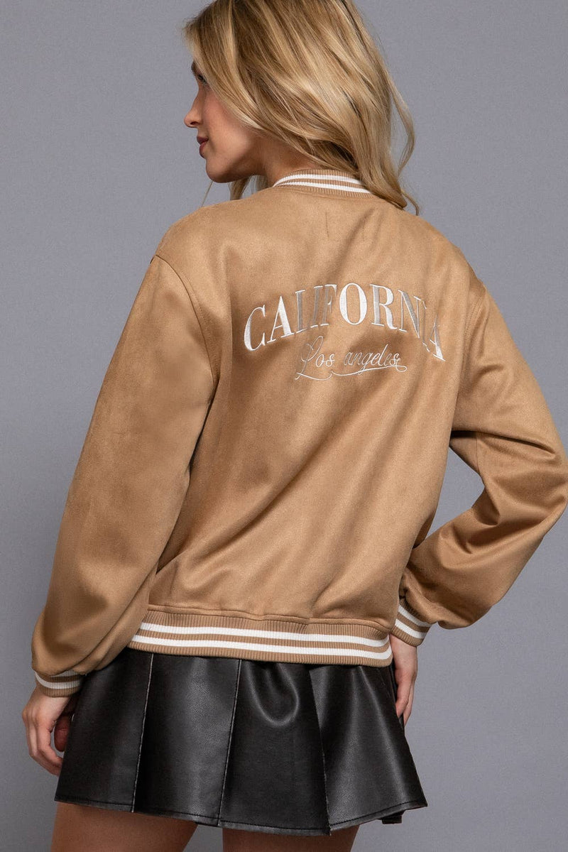Long Sleeve Embroidery Detail Faux Suede Varsity Jacket