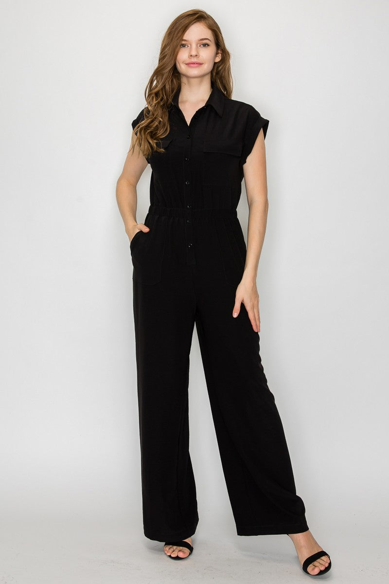 Button Down Wide Leg Jumpsuit
