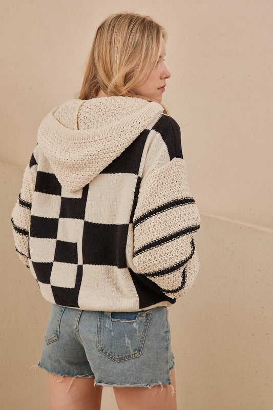 Hooded Multi Checker Drawstring Sweater