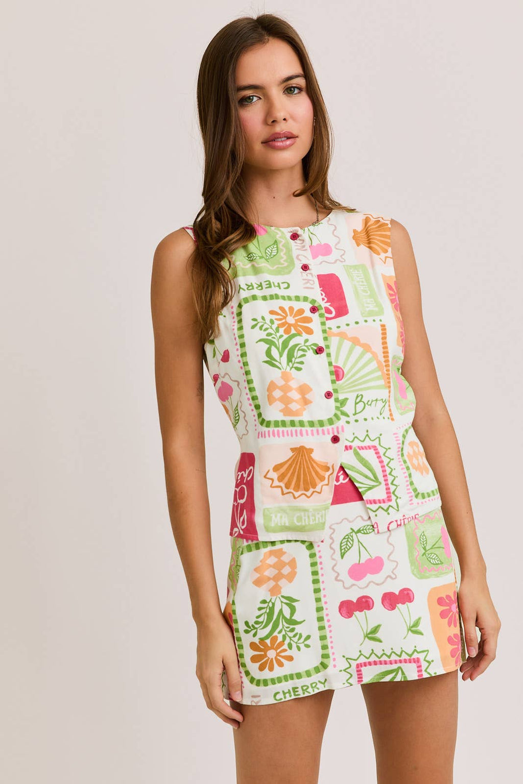 Button Down Sleeveless Top w Slit Mini Skirt